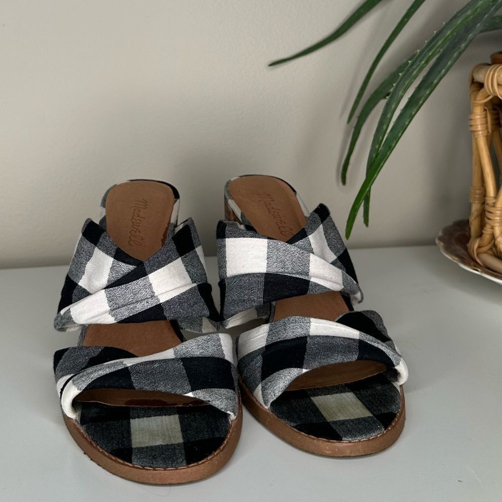 Madewell Alexandria Gingham Block Heel Sandals Twist Strap Black White Mule 7.5 - Picture 5 of 14